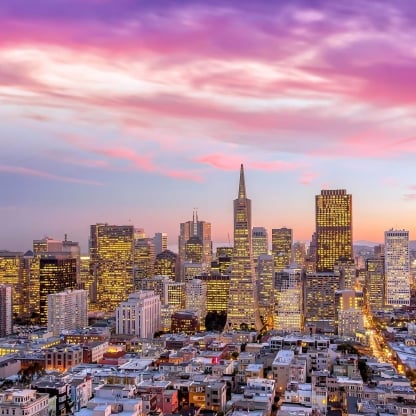 san francisco skyline with purple skies