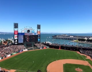 Oracle Park baseball field with ocean in the background